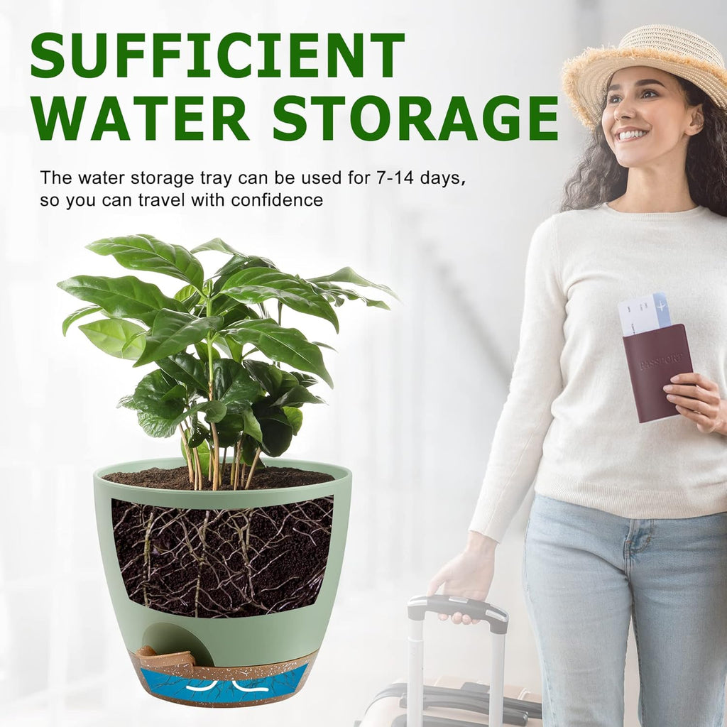 Plant Pots 10/9/8/7.5/7 Inch Self Watering Pots, Set of 5 Plastic Planters with Drainage Holes and Saucers,Plastic