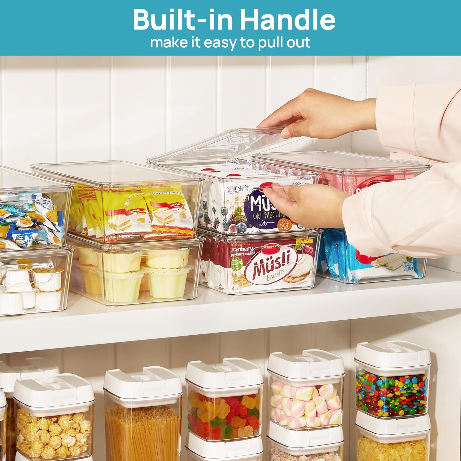 8pcs Clear Organizers and Storage Bins with Lids, Stackable Plastic Storage Containers with Handles for Fridge