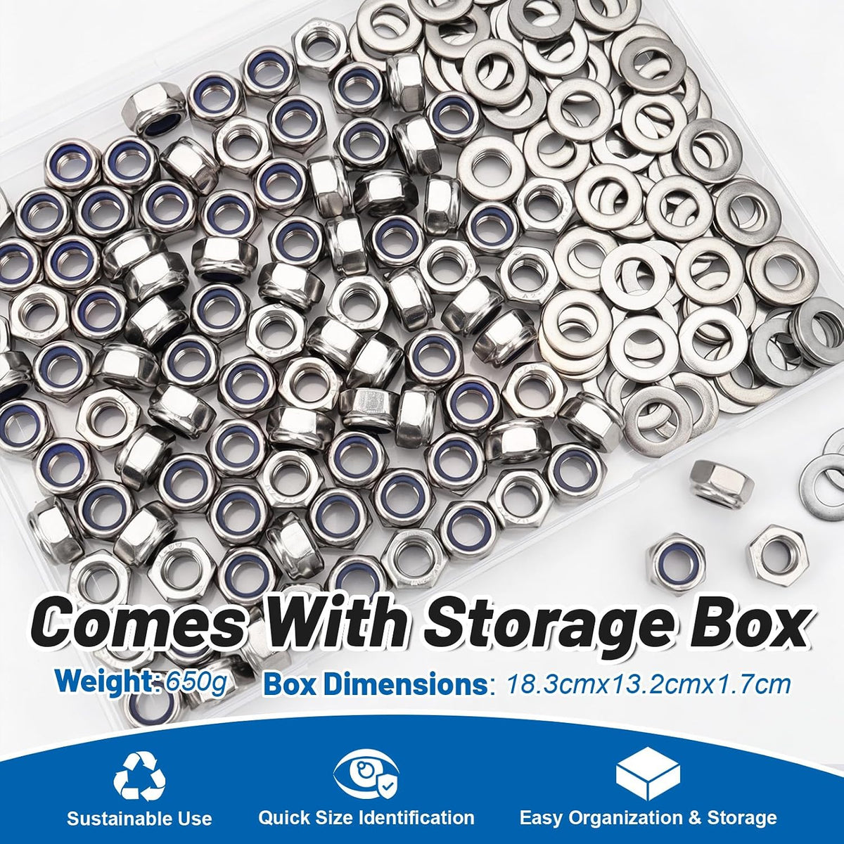 M8-1.25 Lock Nut 190Pcs Stainless Steel Nylock Locking nut with Washer