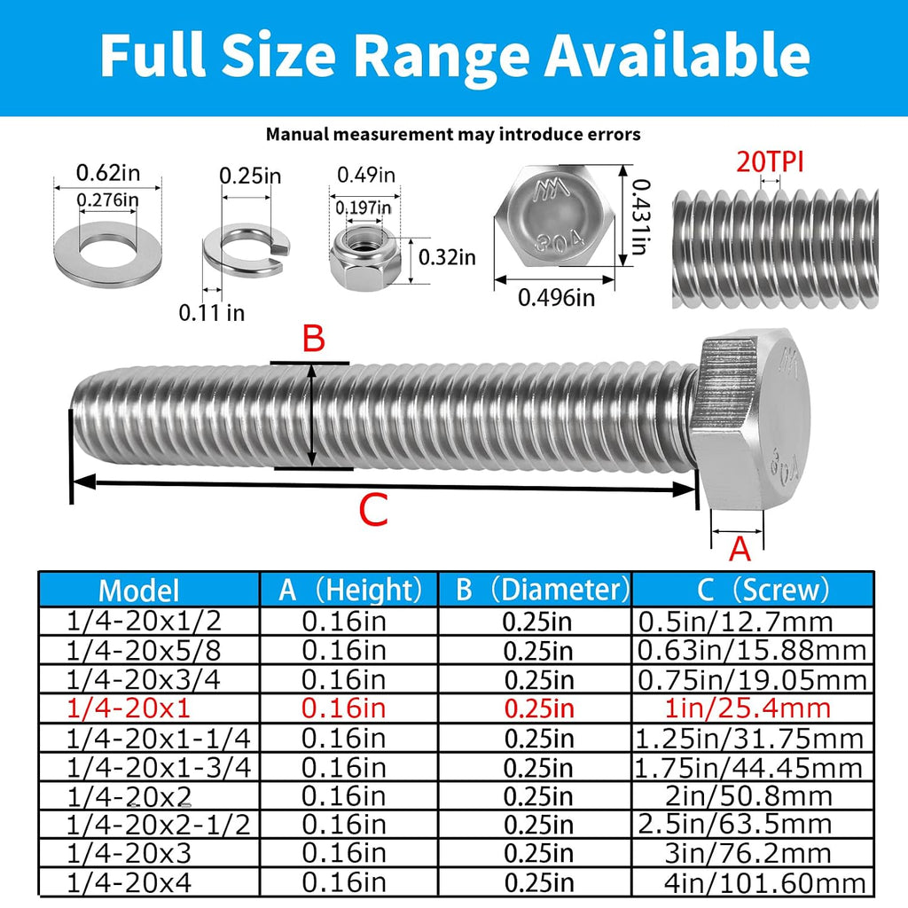 20Pack 1/4-20x1 Hex Head Screw Bolt,304 Stainless Steel