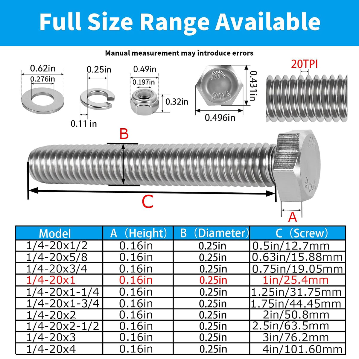 20Pack 1/4-20x1 Hex Head Screw Bolt,304 Stainless Steel