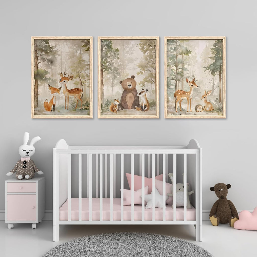 Woodland Animals Nursery Decor Framed Canvas Wall Art, 12x16 In 3pc | Cute Bear Fox Deer, Neutral Forest Animals