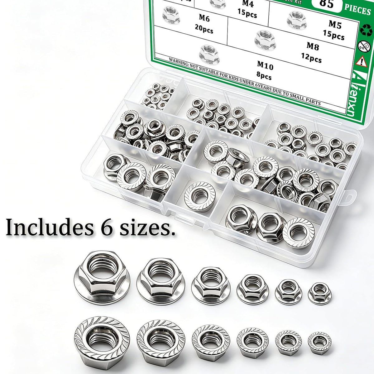 85PCS Hex Flange Nuts Assortment, 304 SS, 6 Metric Sizes M3-M10