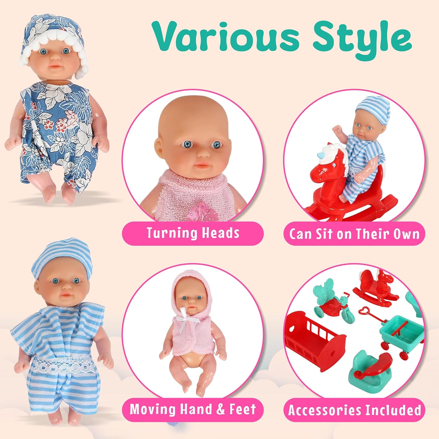 6 Mini Doll Set - 5" Inch Baby Girl Toy - Princess Toys Dolls - Baby Doll Crib, High Chair, Bathtub, Horse See Saw