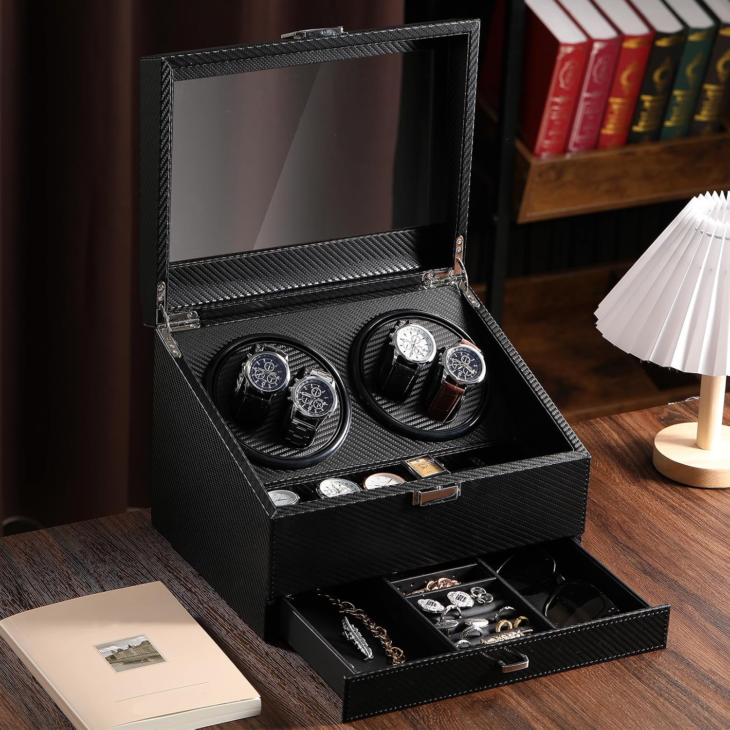 Watch Winder for Automatic Watch, Rotating Watch Display Case Quiet Running Motor Watches Jewelry Box with Drawer for