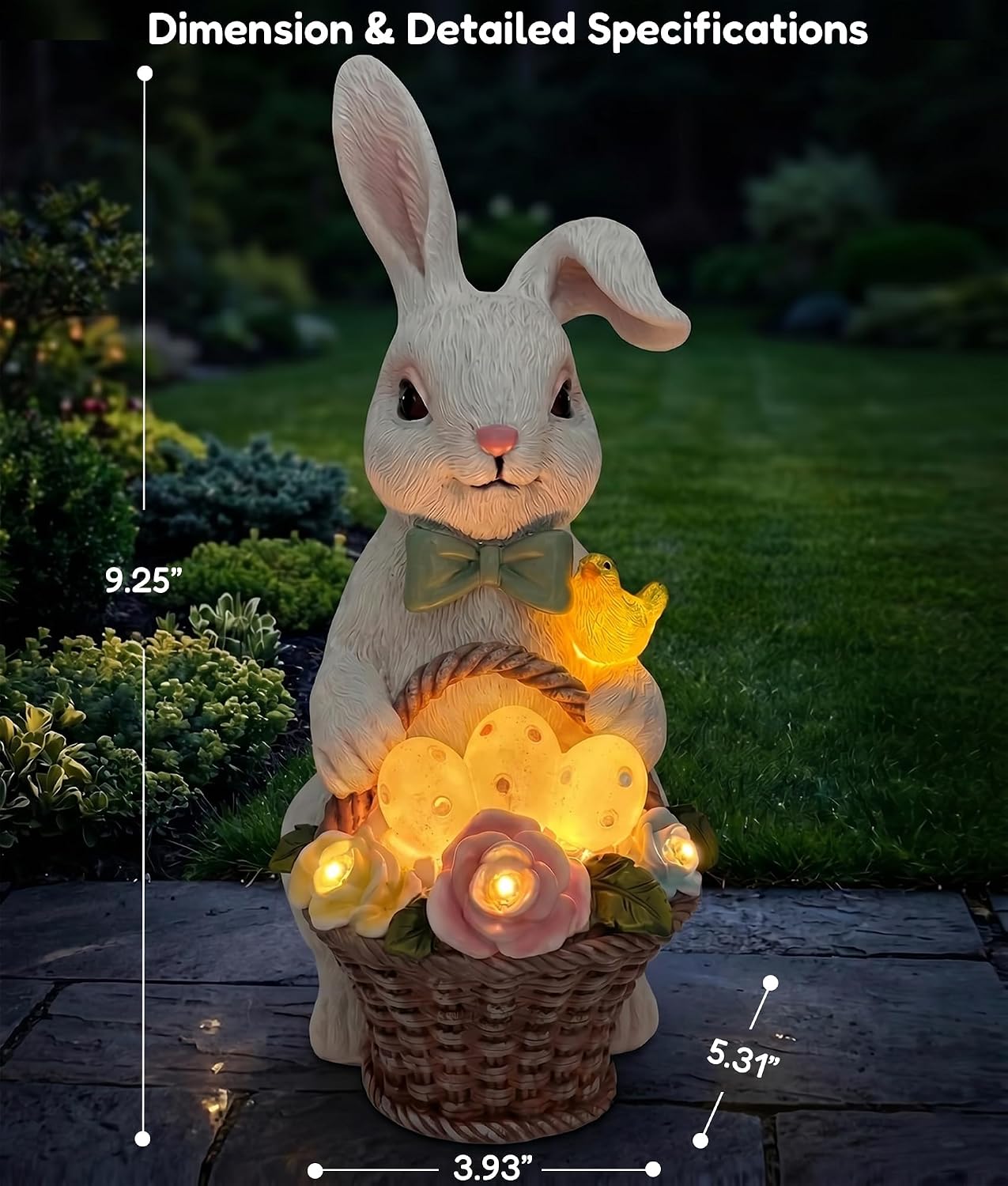 Solar Rabbit Garden Statue, Lighted Outdoor Bunny Yard Decor Gift | Glowing eggs and rose basket, hand-painted resin