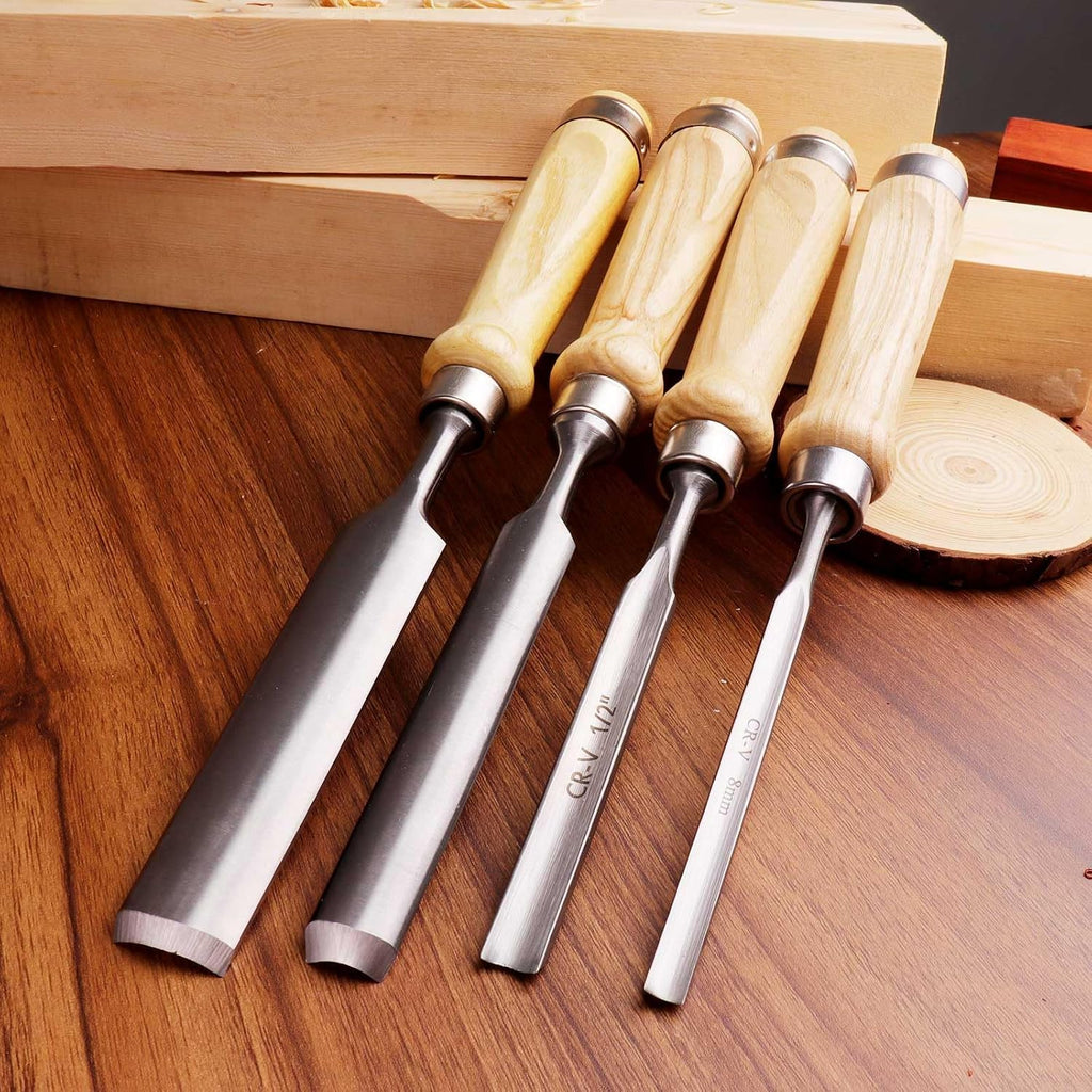 4-Piece Wood Chisel Set, 8mm 12mm 18mm 25mm | CR-V Steel Curved Outer Edge Gouge, Sharp Wood Carving Chisels, Firm