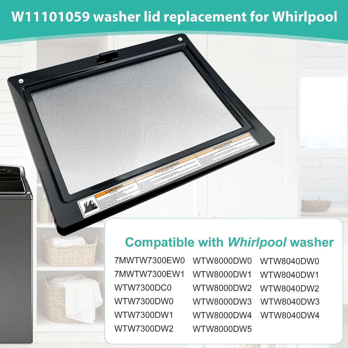 W11101059 Lid Assembly Compatible with Whirlpool Washer Lid WTW8040DW4