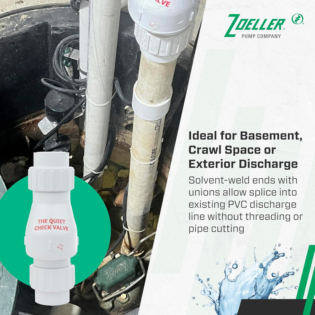 30‑0040 Quiet Check Valve 1-1/2″ PVC Full Flow Solvent‑Weld Union for Sump Pump Discharge – Backflow Prevention