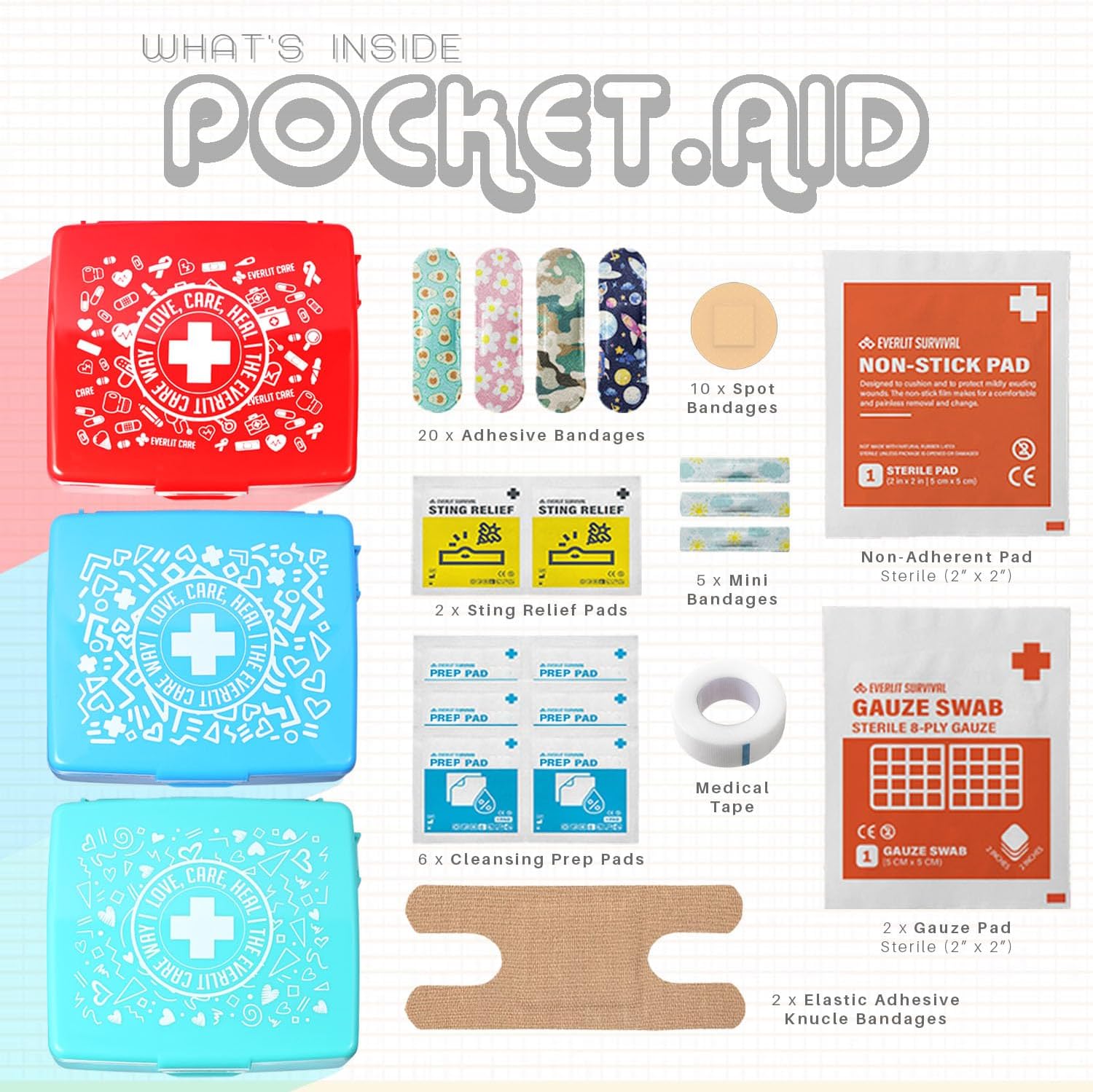 EVERLIT Pocket-Aid Mini First Aid Kit | Compact, Portable Hard-Shell Cases of 50 Items | Cuts, Scrapes, Wound Care