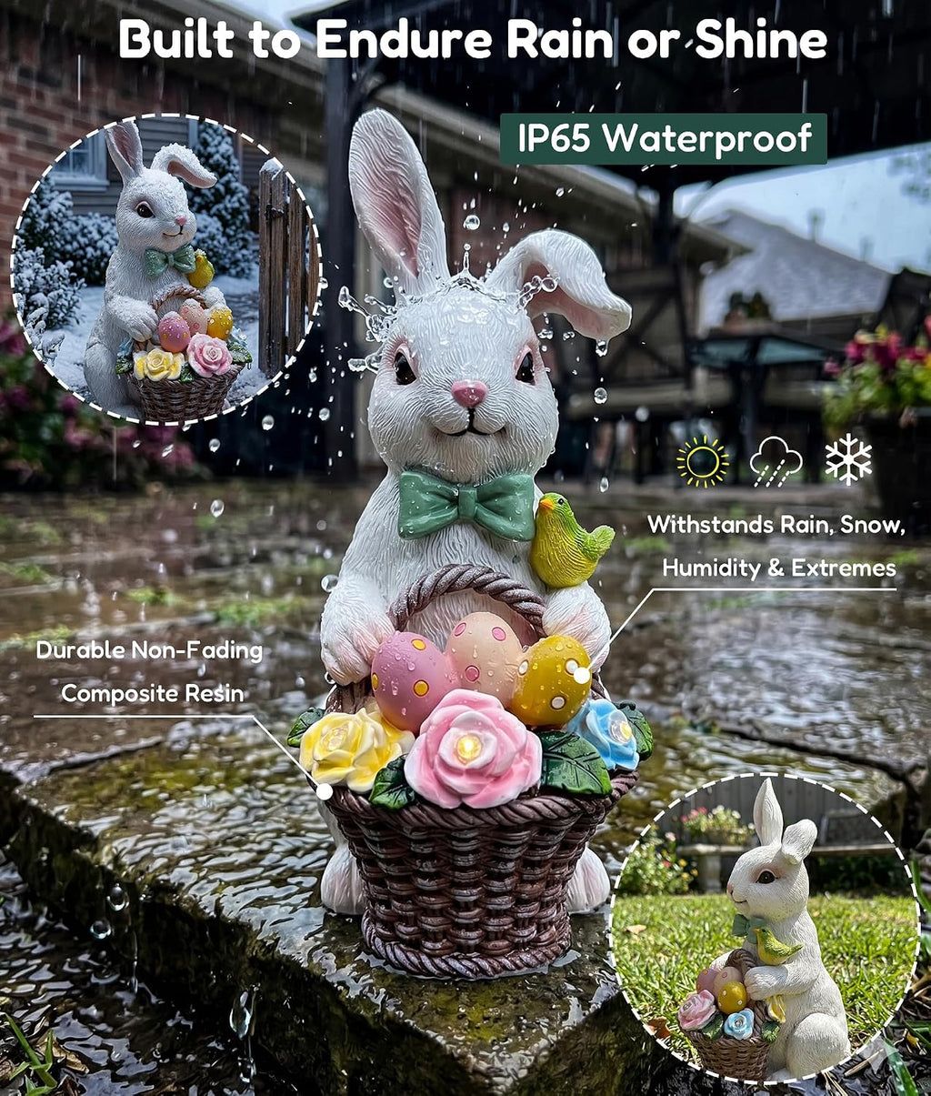 Solar Rabbit Garden Statue, Lighted Outdoor Bunny Yard Decor Gift | Glowing eggs and rose basket, hand-painted resin