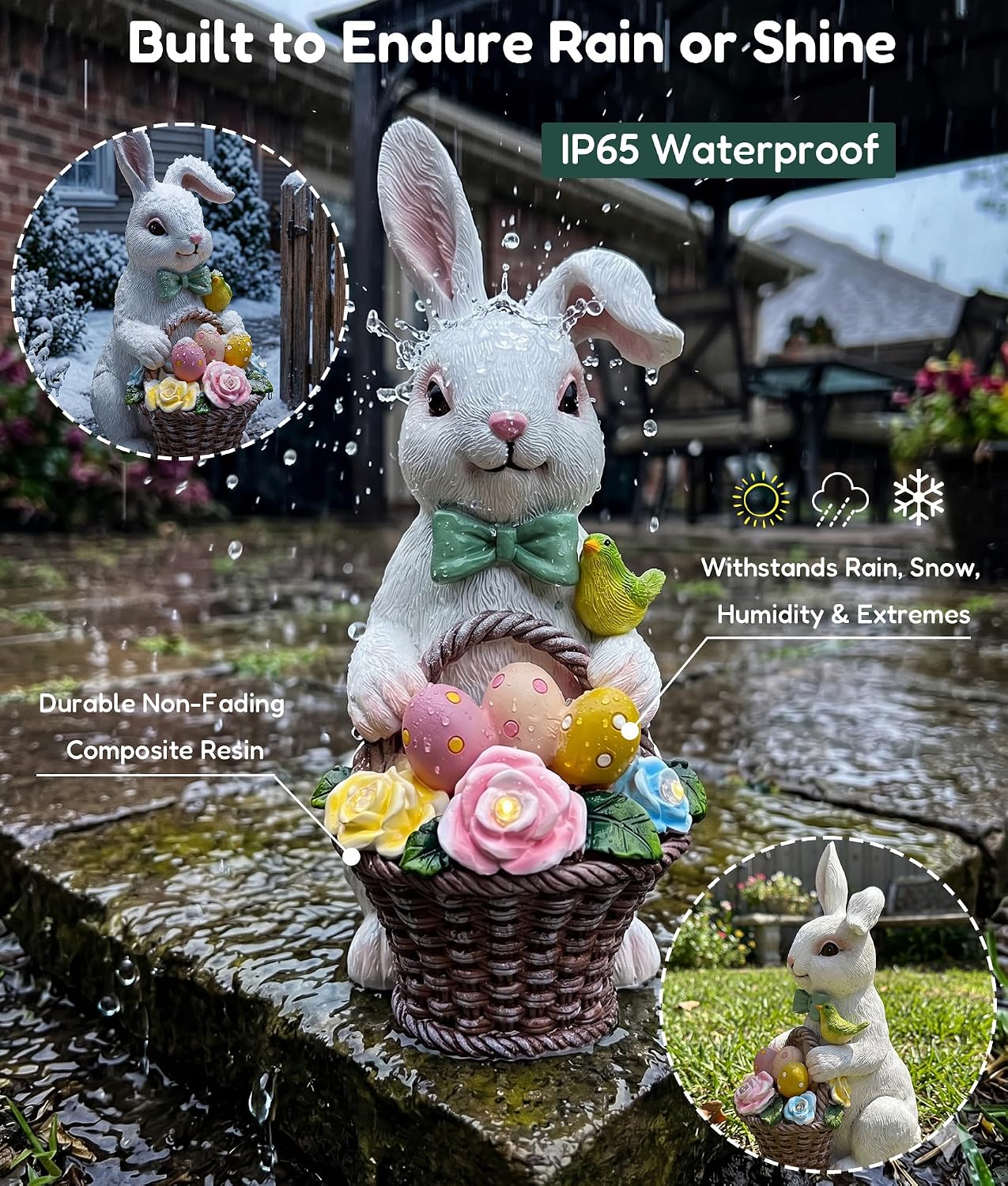 Solar Rabbit Garden Statue, Lighted Outdoor Bunny Yard Decor Gift | Glowing eggs and rose basket, hand-painted resin