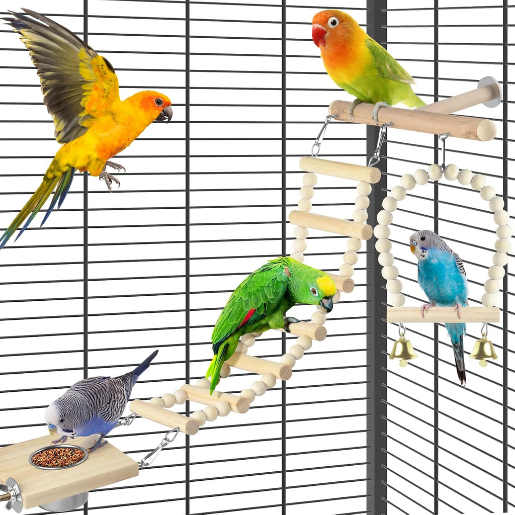 5in1 Bird Toys, Birdie Perches Platform Swing with Stainless Steel Feeding Cup Climbing Ladder, Wooden Play Gym for