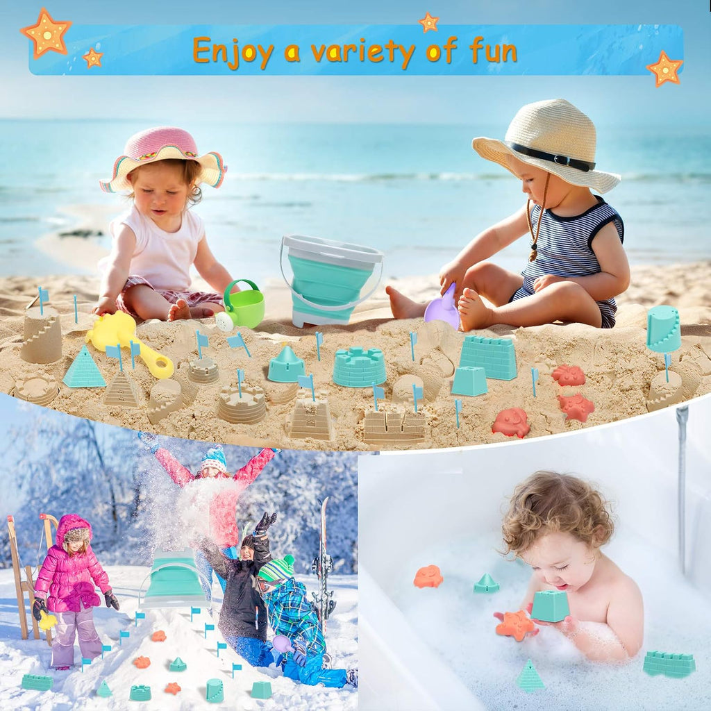 Beach Toys with Collapsible Bucket，Mesh Bag for Kids Ages 3-12 | Sand Castle Building Kit, Decor Flags for Sandbox