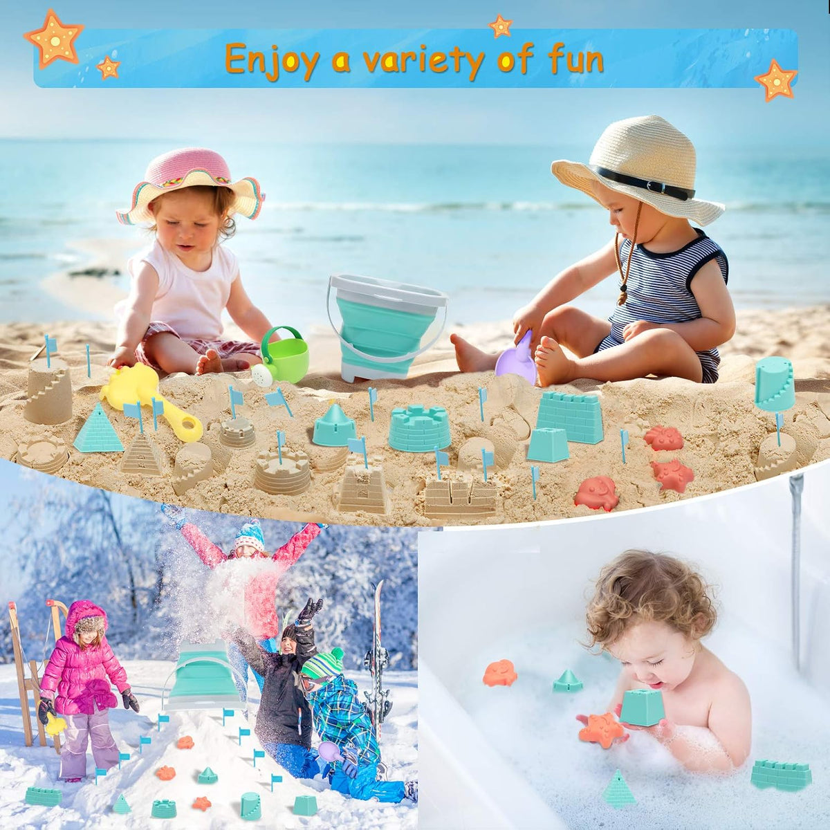 Beach Toys with Collapsible Bucket，Mesh Bag for Kids Ages 3-12 | Sand Castle Building Kit, Decor Flags for Sandbox