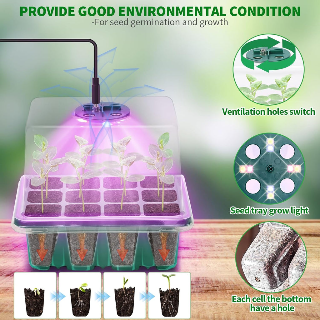 Seed Starter Tray with Plant Light, 2 Pack Grow Lights for Seed Starting Kit with Humidity Domes, Timing Controller