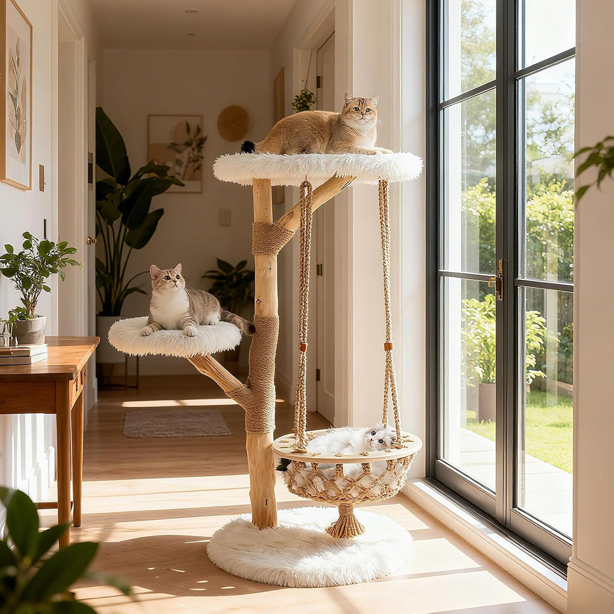48.5-inch Wood Cat Tree, Multi-Level White Modern Wooden Cat Tower