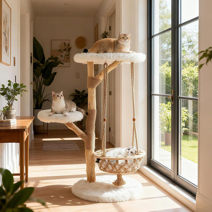 48.5-inch Wood Cat Tree, Multi-Level White Modern Wooden Cat Tower