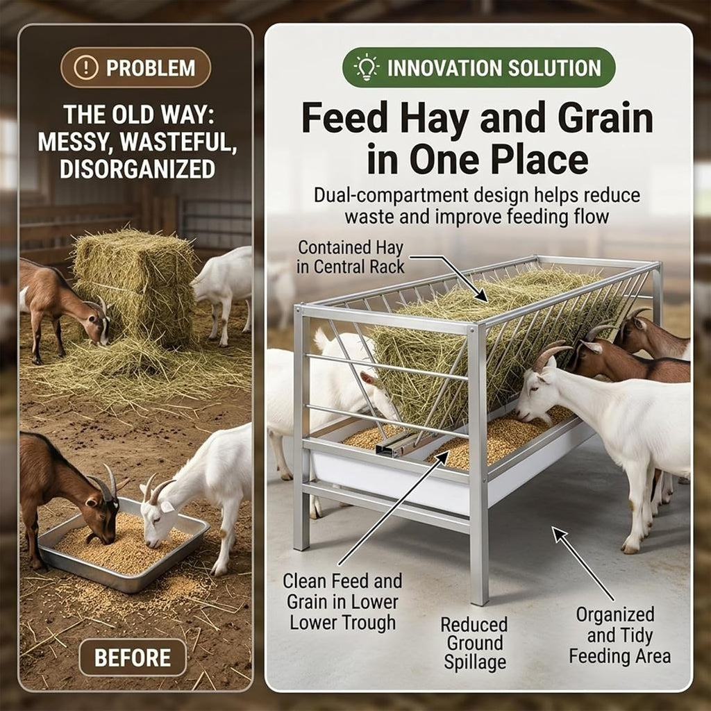 95 Gallon Goat Hay Feeder, 59" X 24" X 33.4" Livestock Feed Trough, Goat Feeder with Hay Feeder and Grain Trough