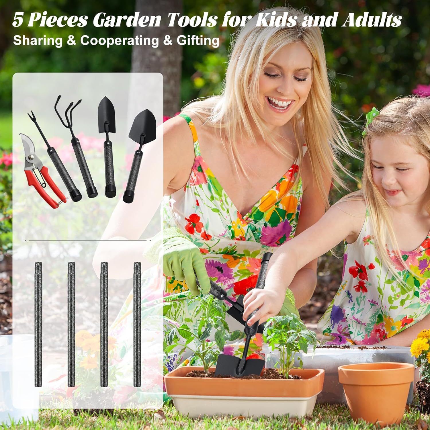 Garden Tool Set with Extended Long Handle, 5 Pieces Stainless Steel Gardening Tool Kit, Gifts for Parents and Kids