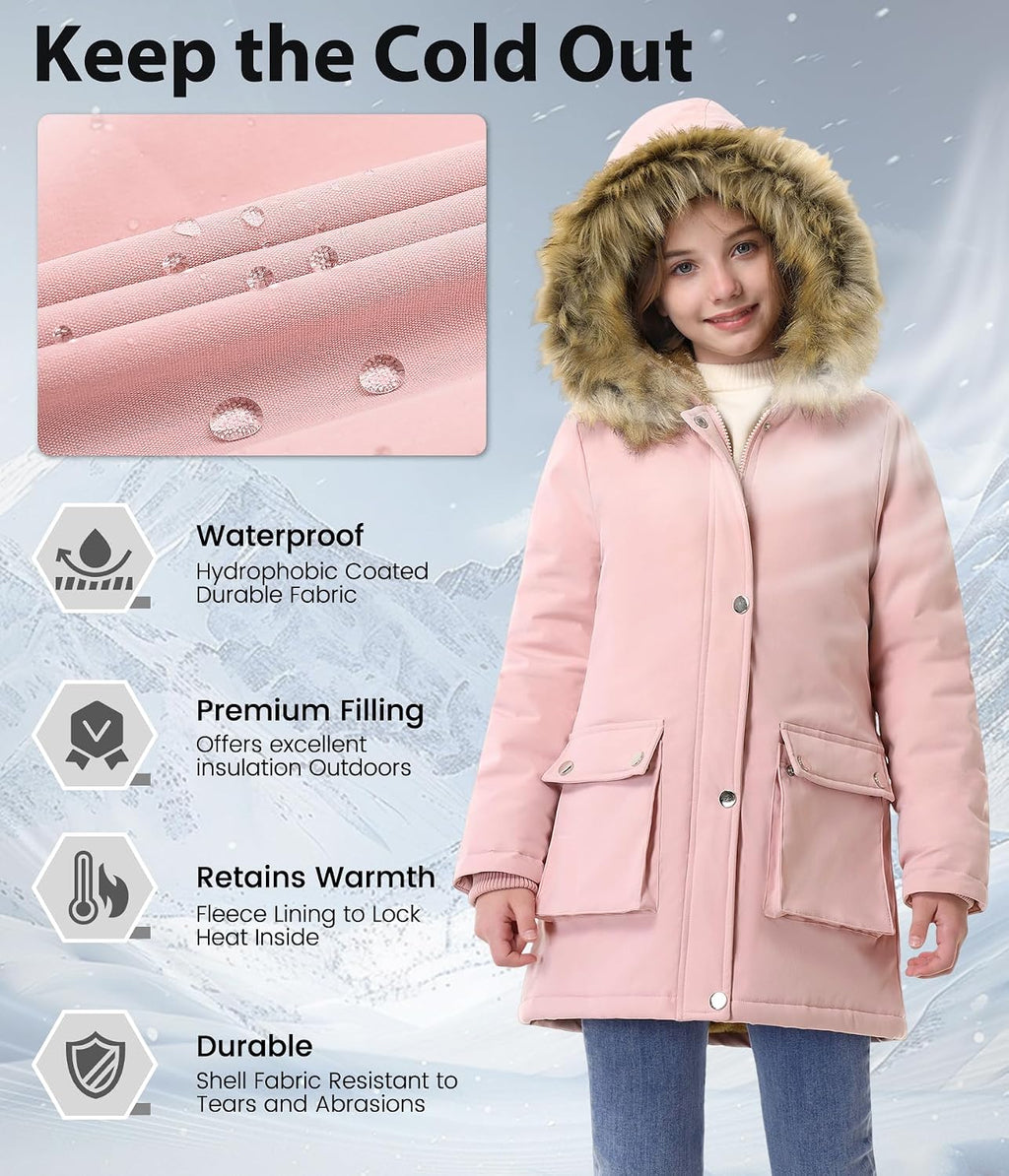 Girls' Warm Winter Coat Long Fleece Lined Puffer Jacket with Hood | Thicken Warm Parka, Removable Faux Fur Trim