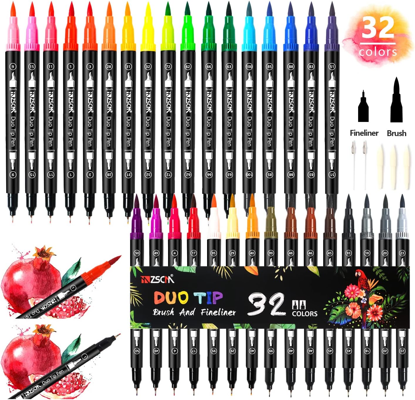 ZSCM 32 Colors Duo Tip Brush Markers Art Pen Set, Artist Fine and Brush Tip Colored Pens