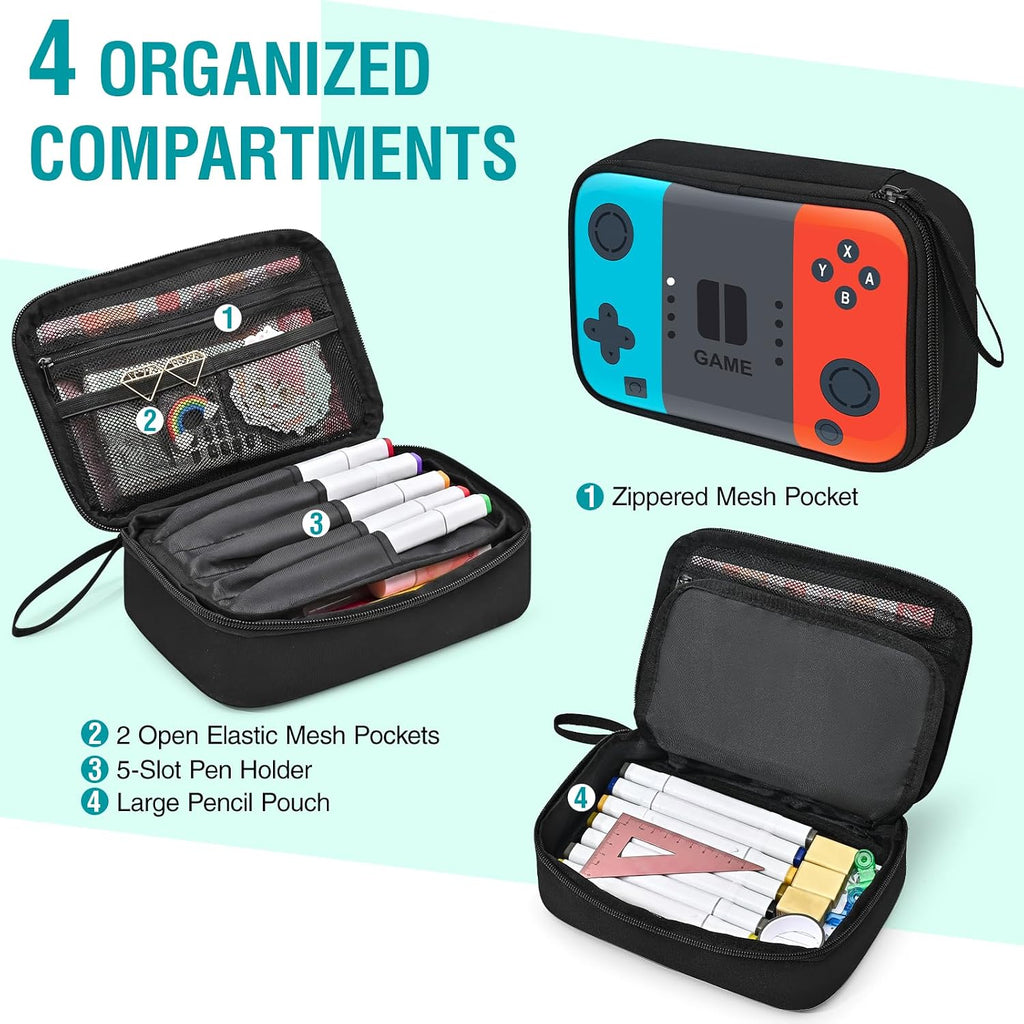 Large Pencil Box for Boys - Gamer Pencil Case Pouch with Zipper Compartment, Durable Wipable Fabric, Easy to Clean