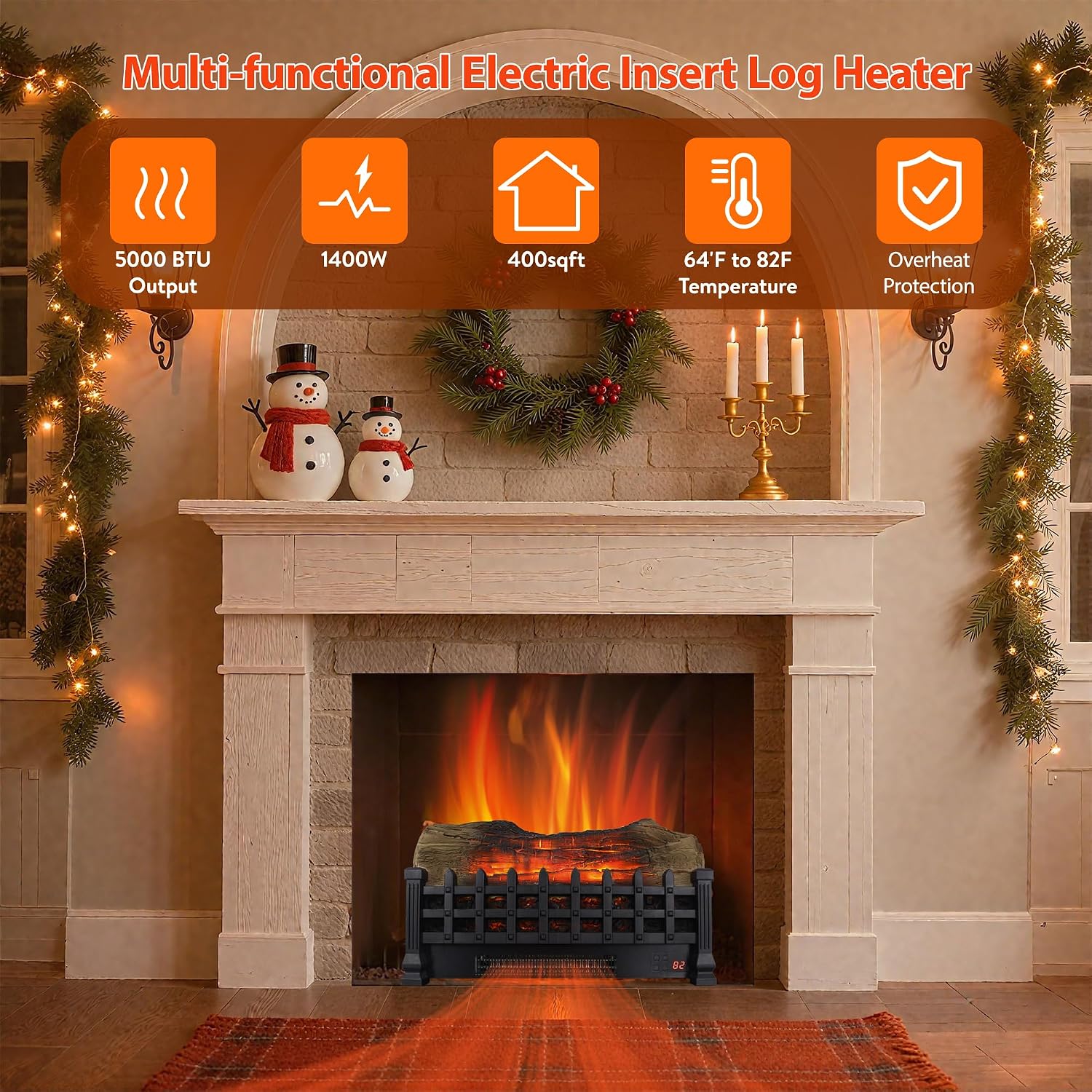 21" Electric Fireplace Log Set, Fireplace Insert with Realistic Flame, Adjustable Flame Brightness, Thermostat, 9H