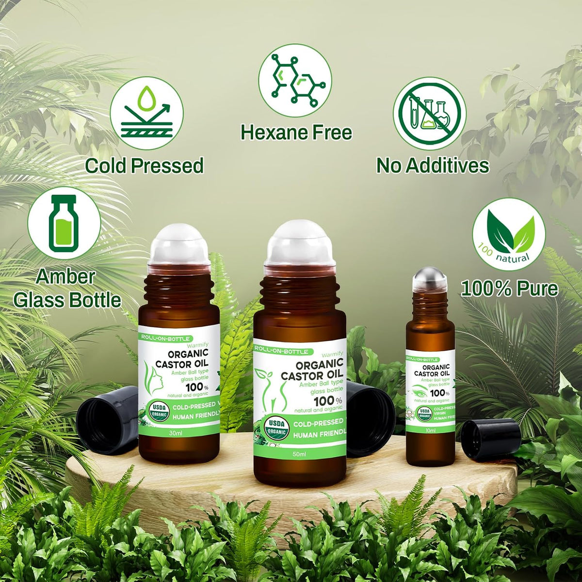 3-in-1 Castor Oil Roll on Certified Organic Cold Pressed Castor Oil