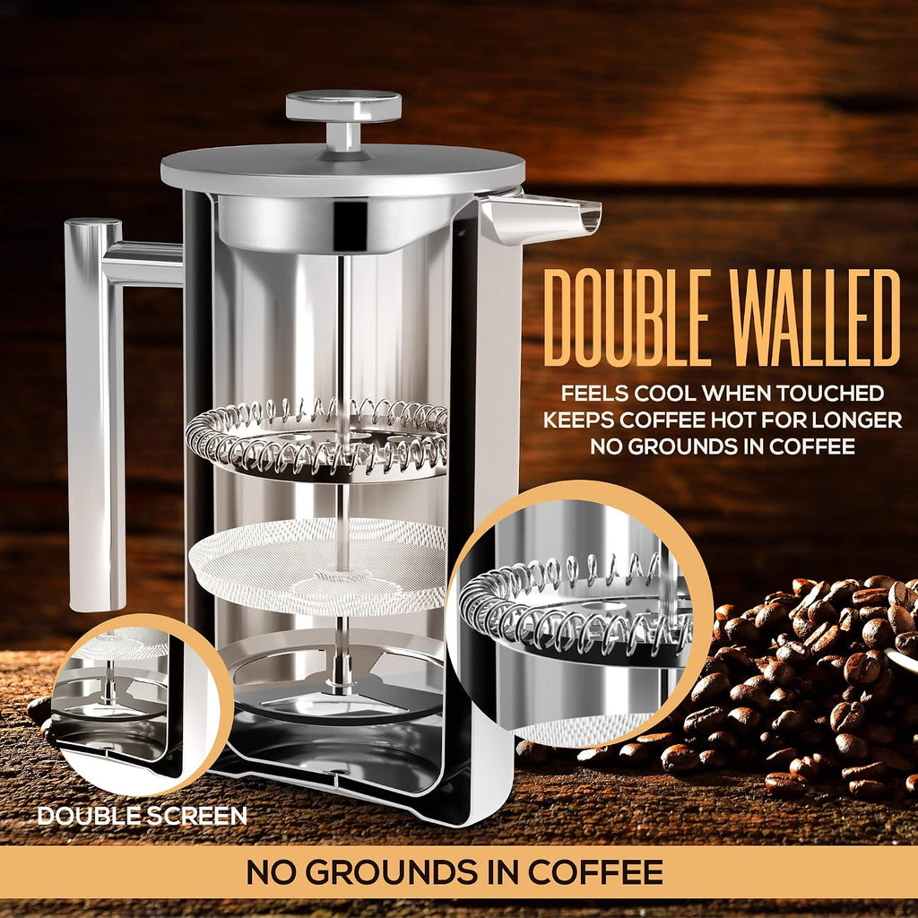 304 Grade Stainless Steel French Press 34 Oz, Silver | Double Wall Insulated Coffee Press with 4-Level Filtration