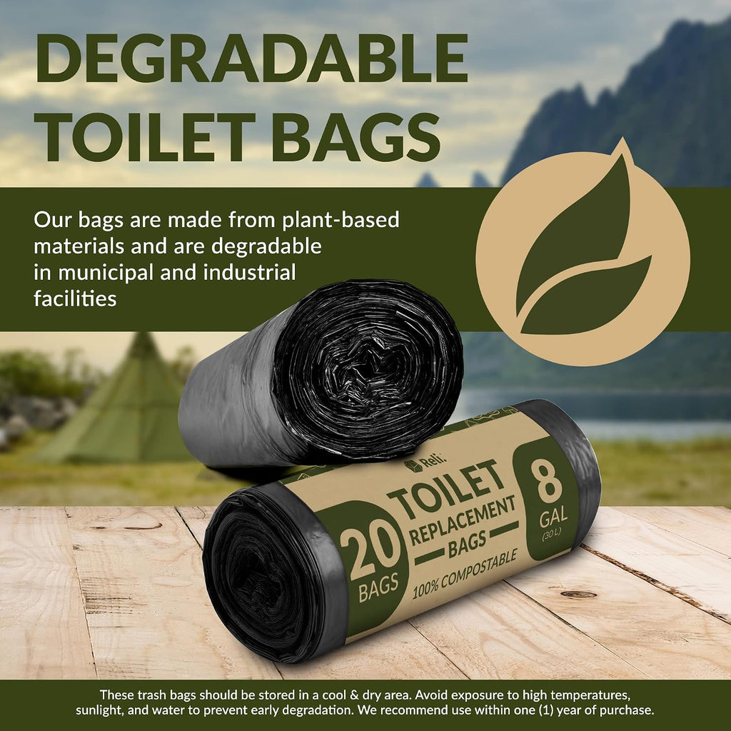 Portable Toilet Bags (20 Count) Camping Bathroom Bag | 8 Gallon | Compostable | Luggable Loo, Bucket Toilet | For