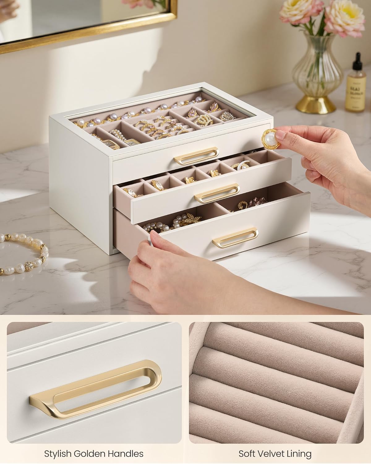3-Layer Jewelry Box with Glass Window, Jewelry Storage Organizer with 3 Drawers, Golden Handles, for Rings, Earrings