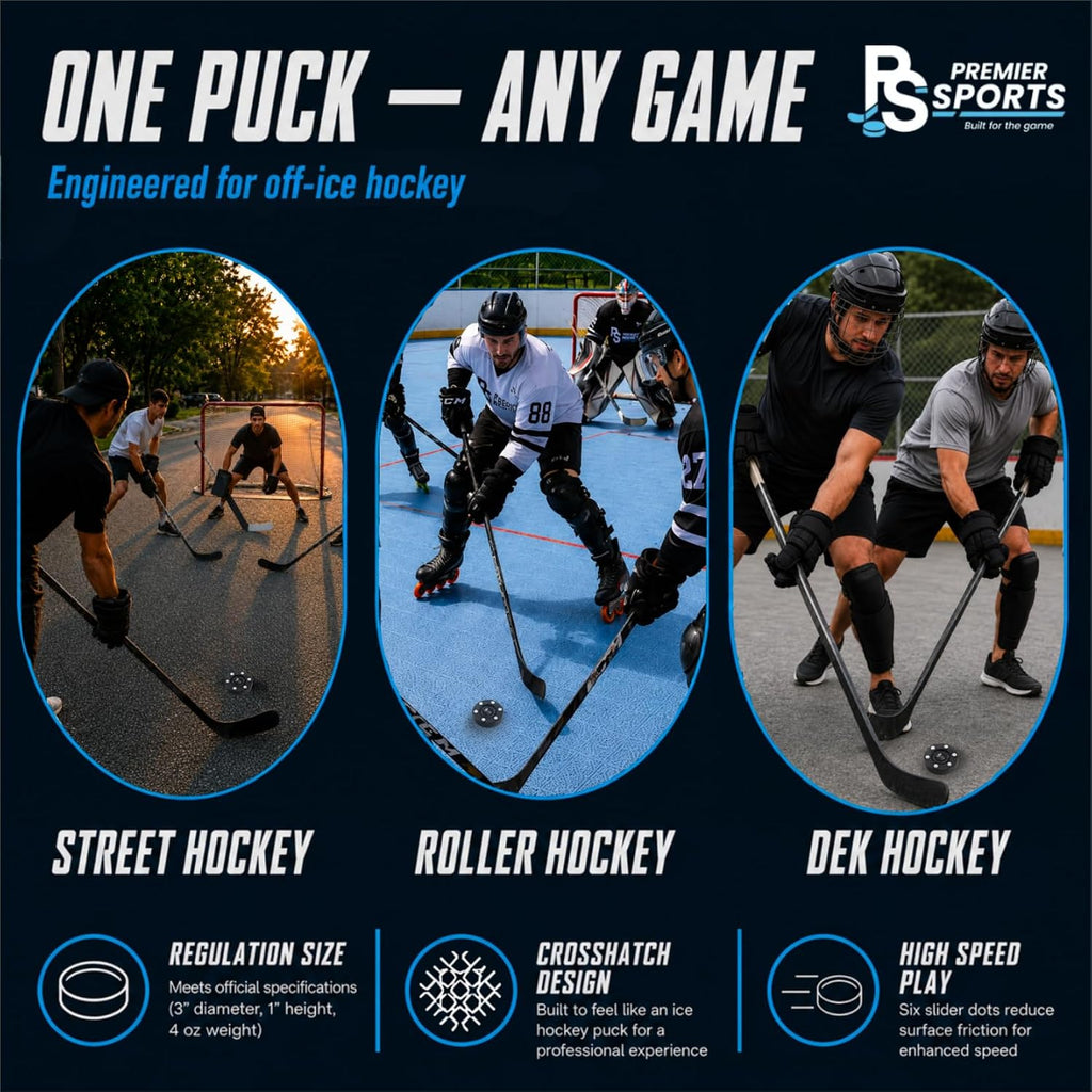 Inline Hockey Pucks – Fast Glide with 6 Slider Dots, Crosshatch Design | Realistic Feel – Street, Roller and DEK Hockey