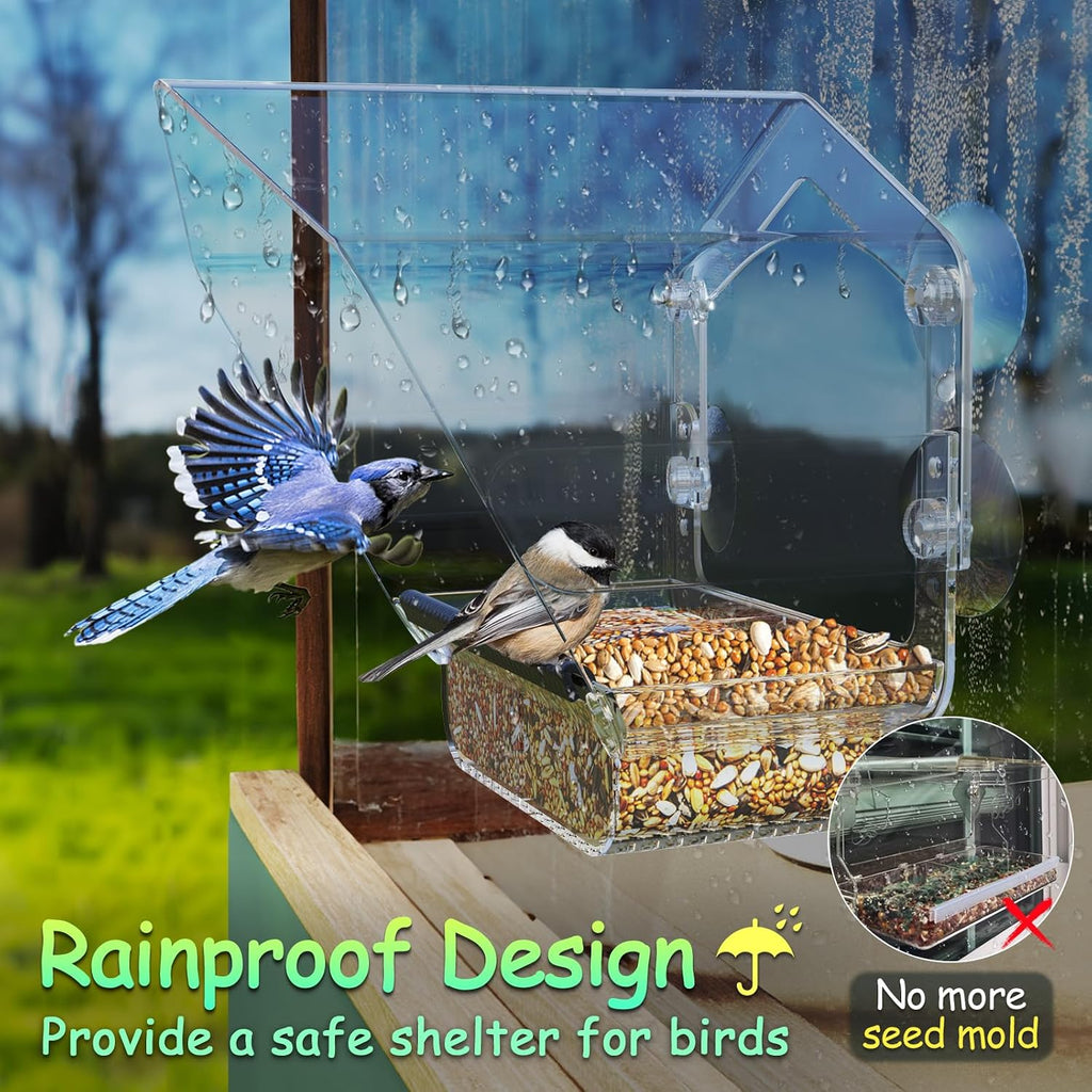 Window Bird Feeder with Strong Suction Cups, Large View Clear Feeder, Seed Tray, 13in x 5.5in x 4.2in for Outside
