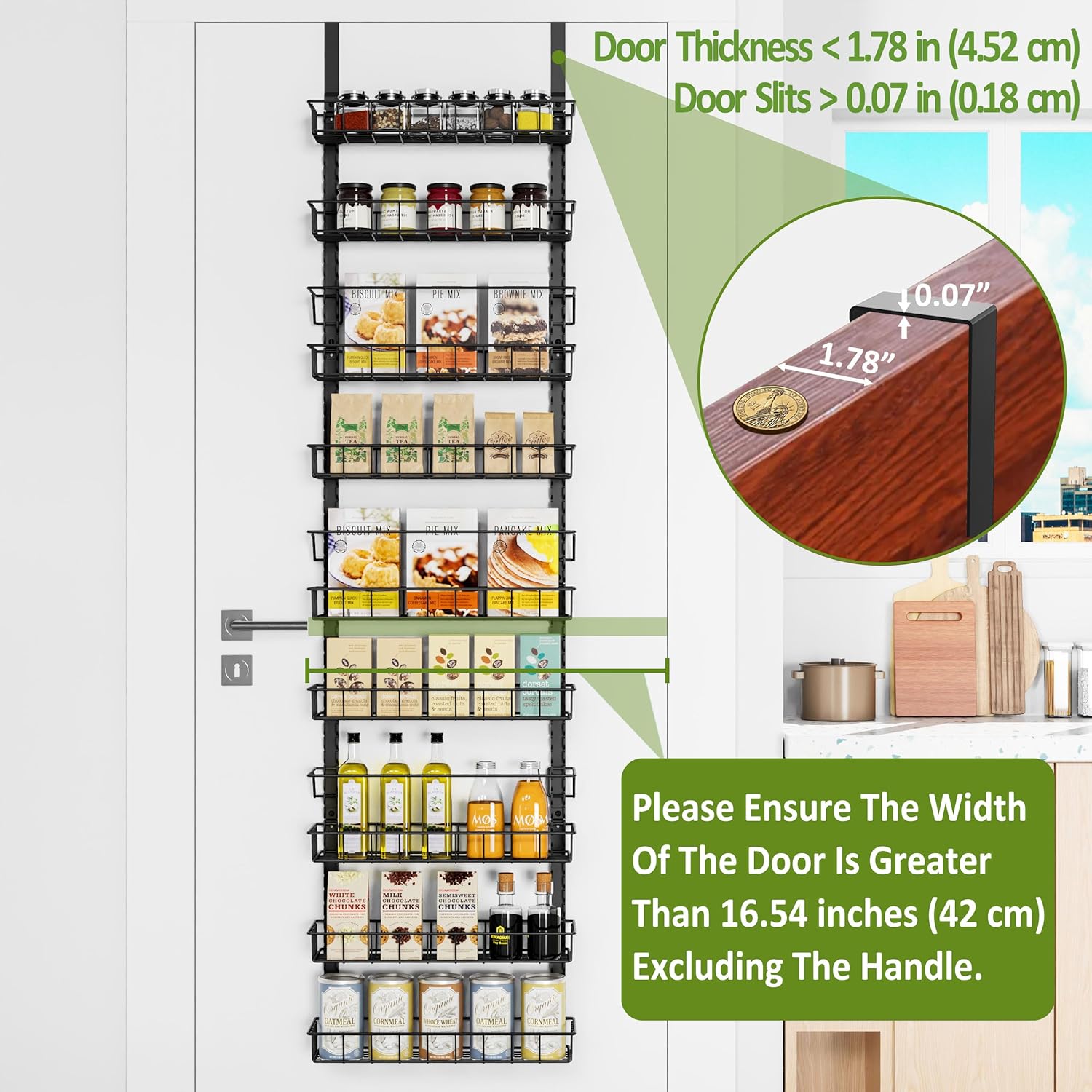 Over the Door Pantry Organizer Rack with 9 Adjustable Baskets, 9 Tiers Dual-use Hanging or Wall Mount Spice Rack
