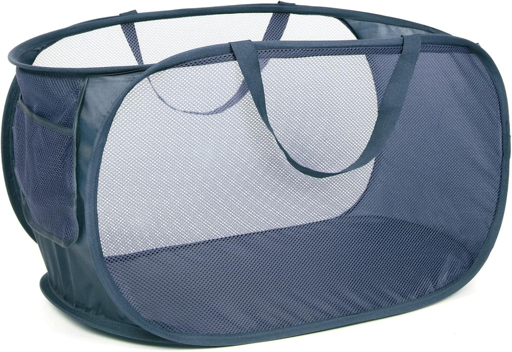 Durable Collapsible Laundry Baskets, Mesh Pop Up Laundry Hamper with Side Pocket, Foldable Clothes Storage Hamper