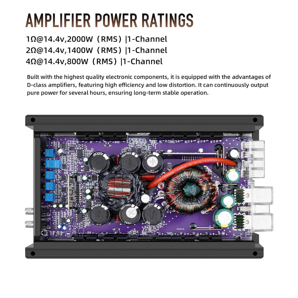 2000W RMS Class D Monoblock Car Subwoofer Amplifier, 1 Ohm Stable | Low Pass & Subsonic Filter, Bass Boost, Aluminum