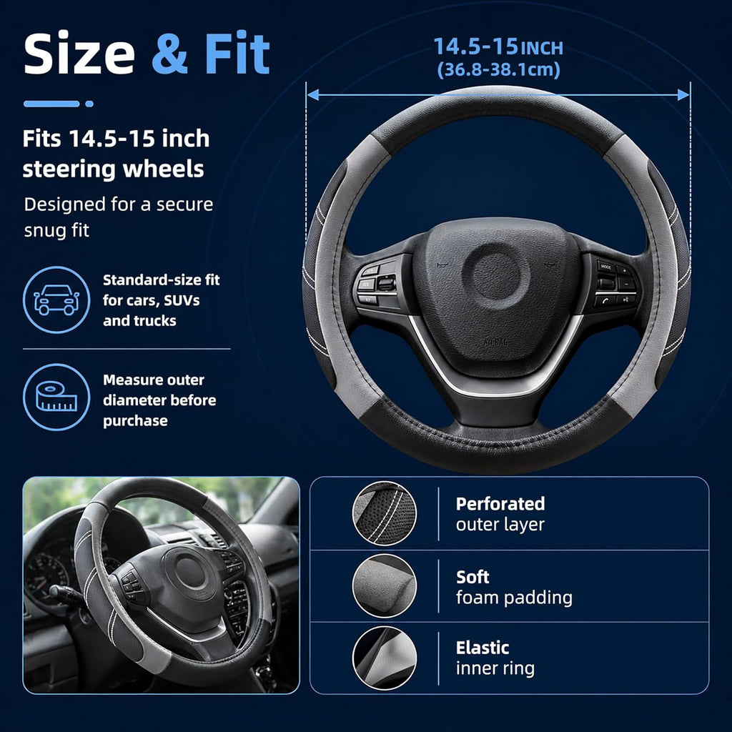 Microfiber Leather Steering Wheel Cover for 14.5" to 15" Wheels, Soft Padded Grip, Textured Anti-Slip Inner Lining