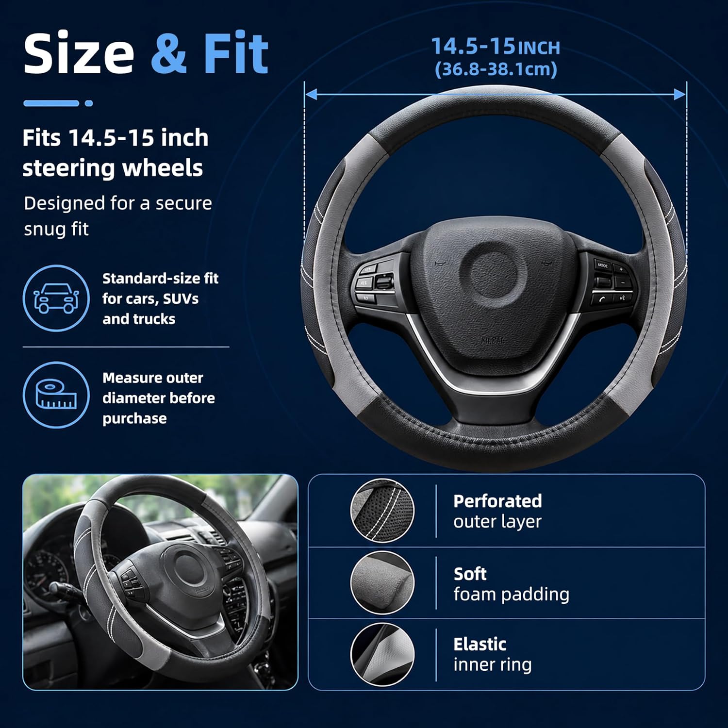 Microfiber Leather Steering Wheel Cover for 14.5" to 15" Wheels, Soft Padded Grip, Textured Anti-Slip Inner Lining