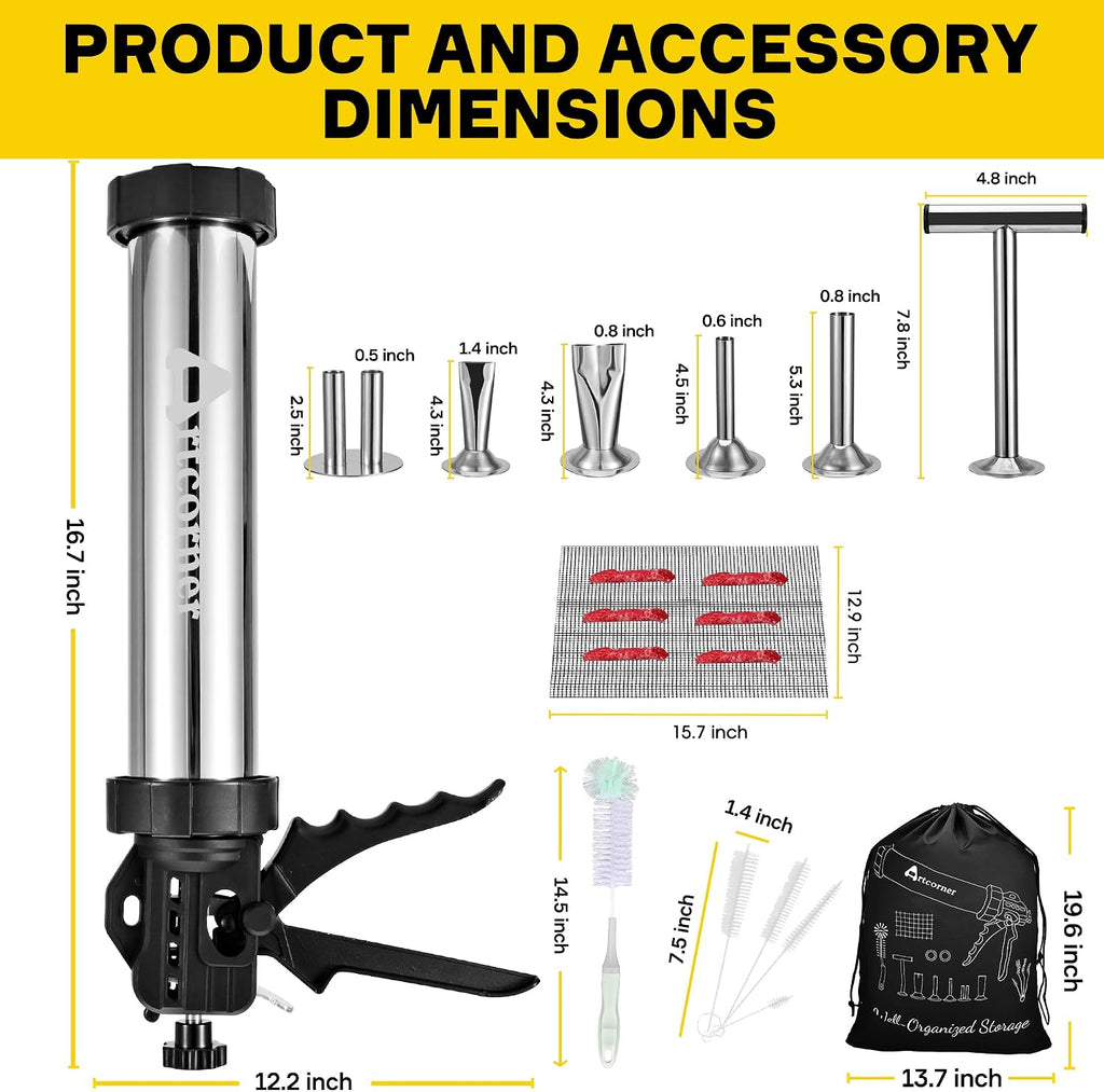 Professional Jerky Gun for Ground Meat | 2.5LB Capacity Jerky Maker Kit with 5 Attachments, 2 Brushes & Storage Net