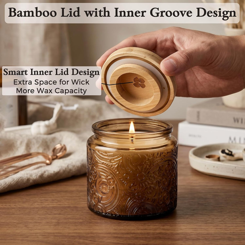 10 oz Mocha Sun Moon Stars Candle Jars with Bamboo Lids, 9 Pack | Patented Embossed Design, Includes Wick Centering