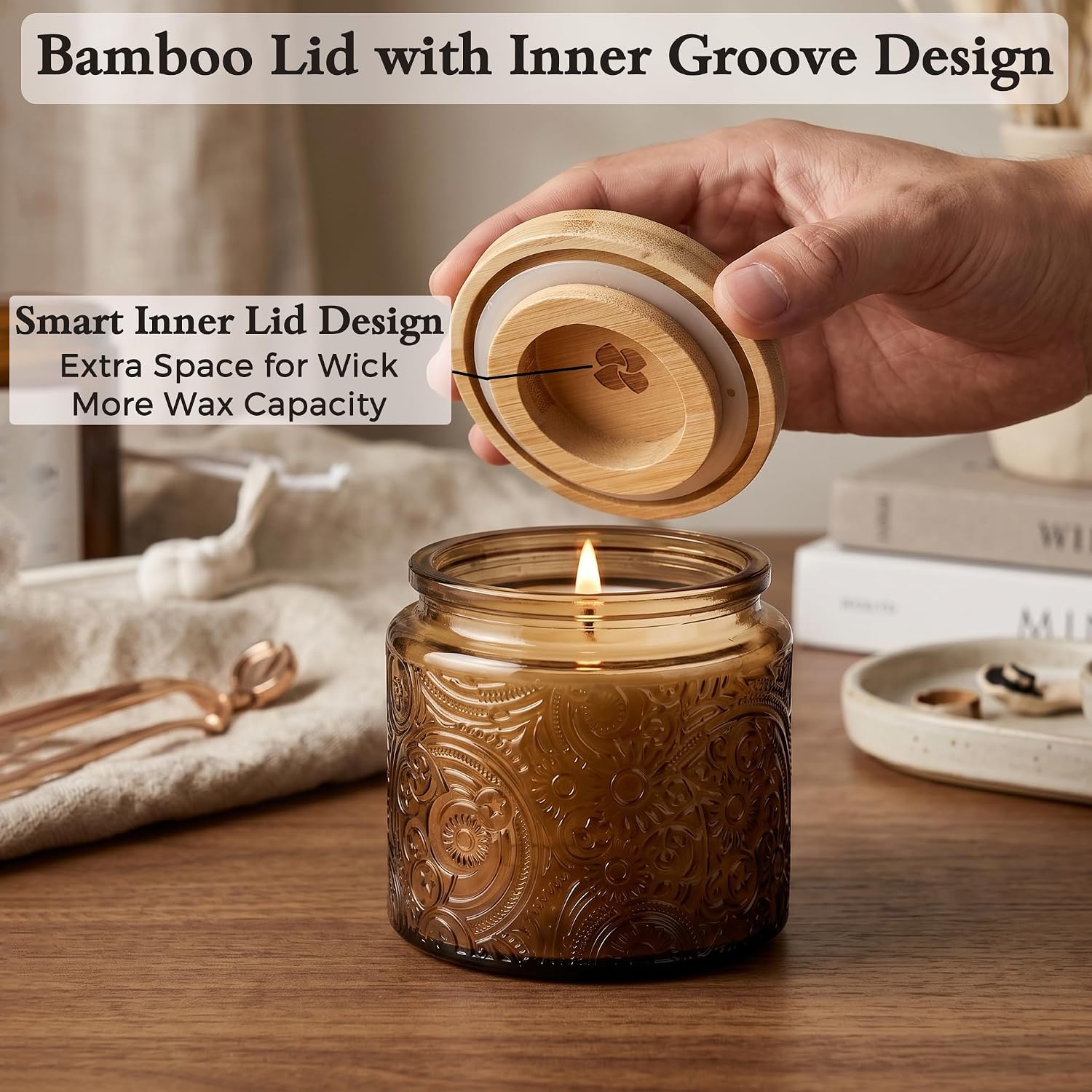 10 oz Mocha Sun Moon Stars Candle Jars with Bamboo Lids, 9 Pack | Patented Embossed Design, Includes Wick Centering