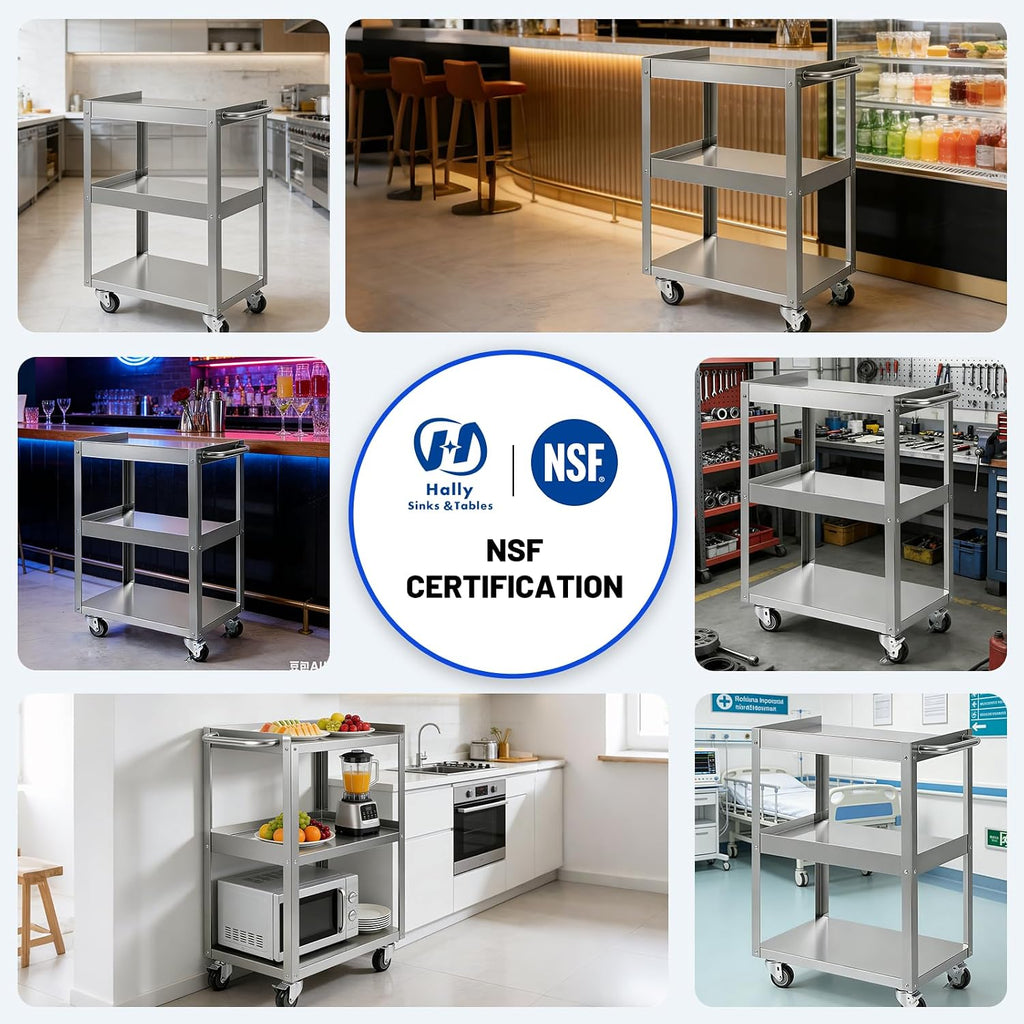 Hally Stainless Steel Utility Cart 3 Tier NSF Rolling Carts 24" Lx16 Wx34 H
