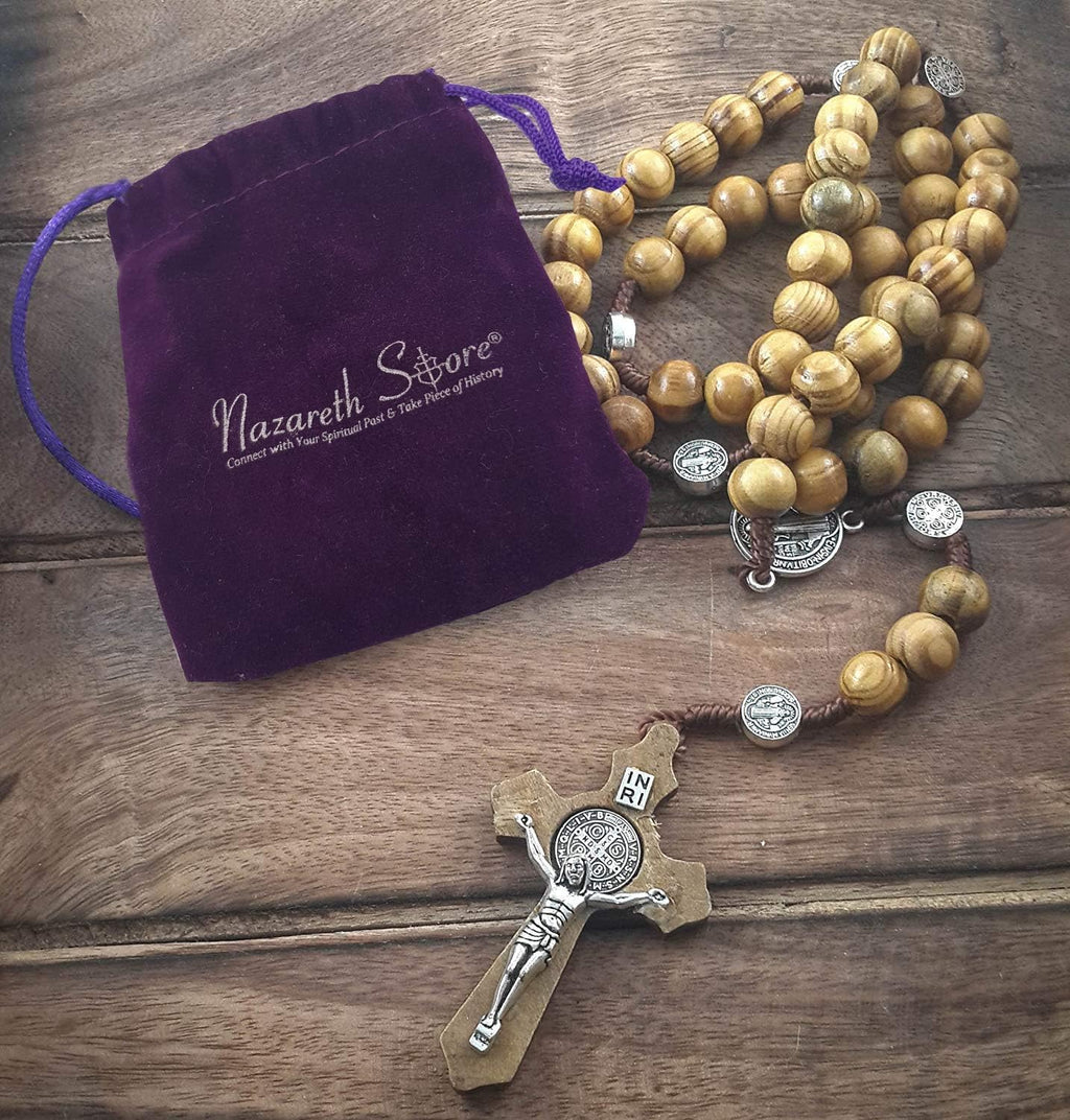 Saint Benedict Evil Protection Medal with Cross Wood Beads Rosary Necklace Nazareth Store