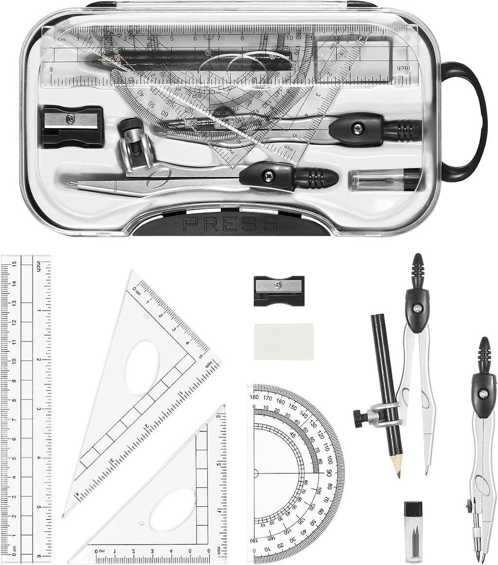 Geometry Sets 10 Pcs Student Supplies, Protractor and Compass (Black) | Shatterproof Storage