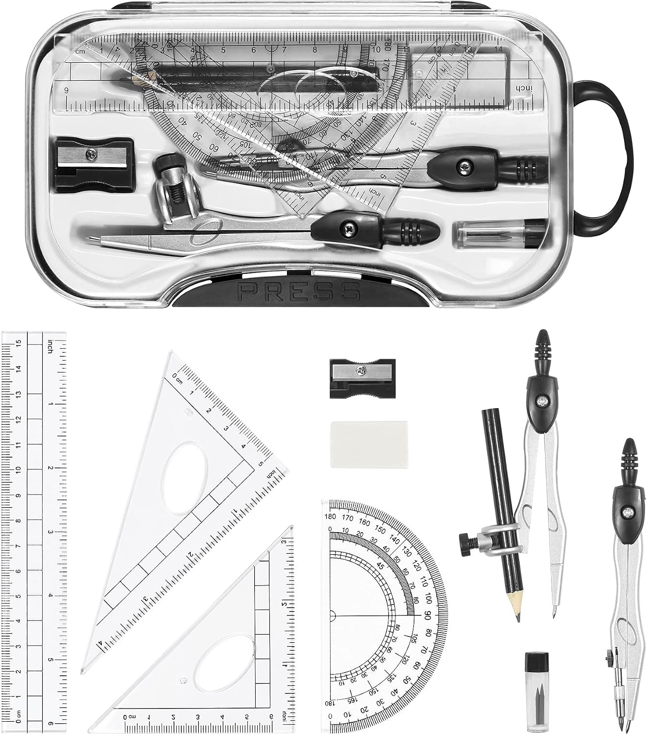 Geometry Sets 10 Pcs Student Supplies, Protractor and Compass (Black) | Shatterproof Storage