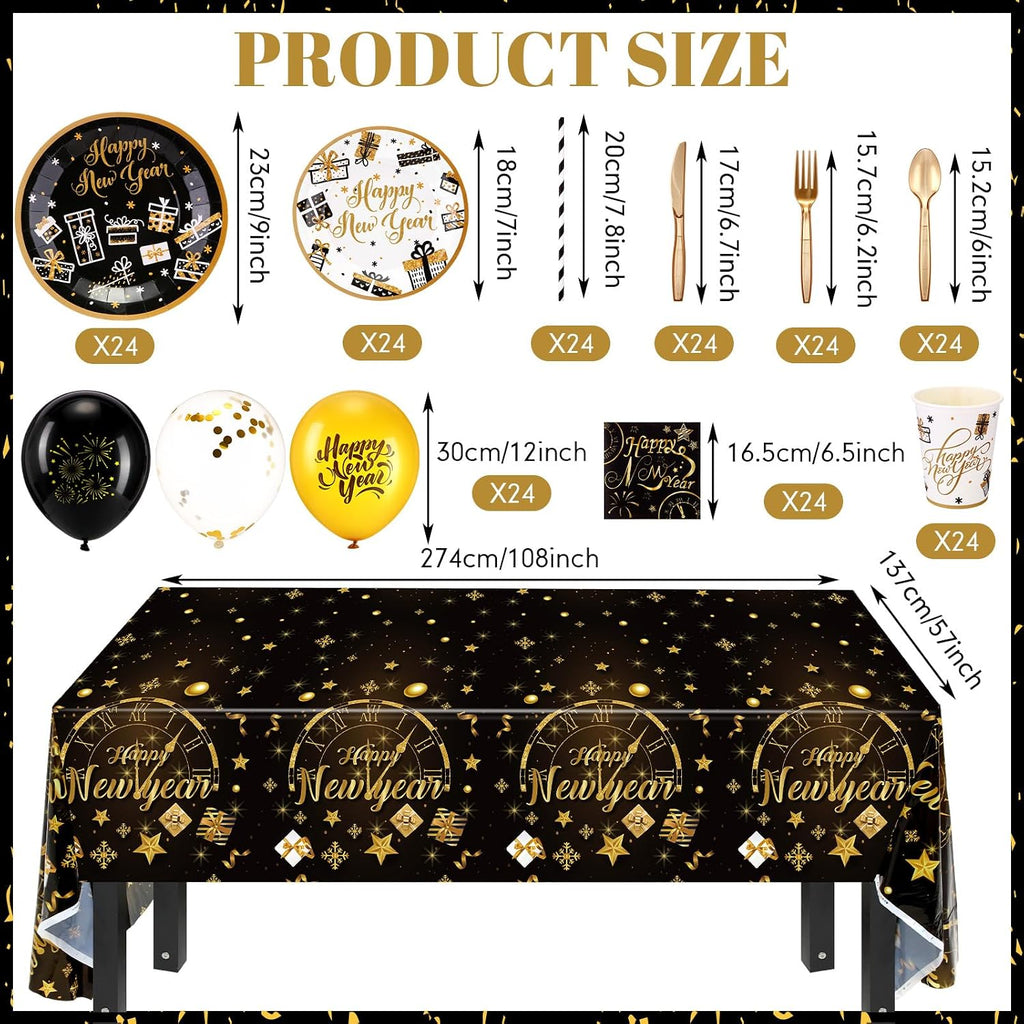 212 Pcs Happy New Years Eve Party Supplies 2026 Set- Black Gold Happy New Year Decorations Kit, Tableware Set 24