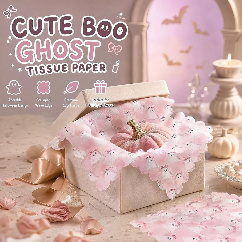 60 Sheets Pink Halloween Scalloped Edge Tissue Paper, Pink Bow Cute Ghost Pattern Art Crafts Paper for Halloween Baby
