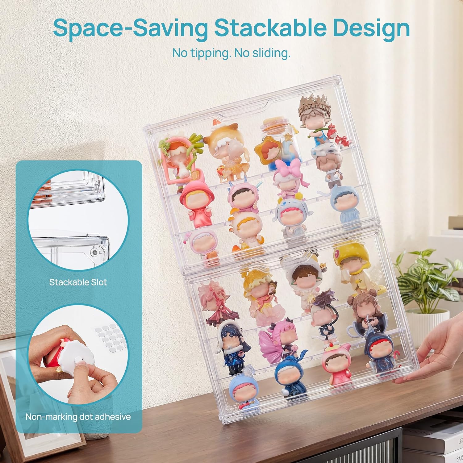 1 Pack Acrylic Display Case, Stackable Figure Display Case with Magnetic Door & Adjustable Shelves, Clear