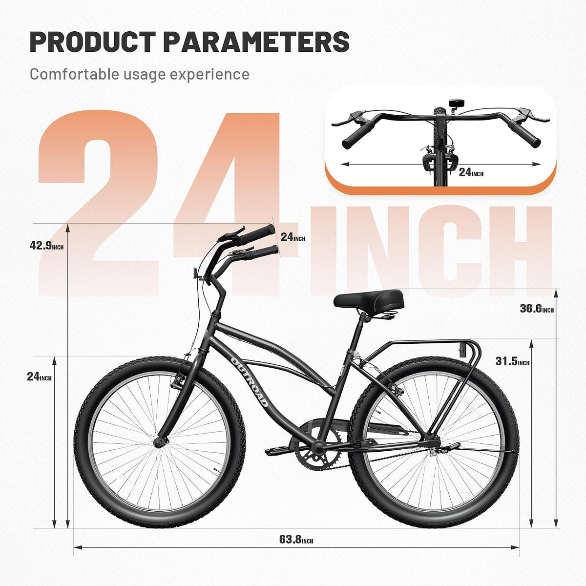 Beach Cruiser Bike, 24 inch Commuter Bicycle for Adult Men and Women, Comfortable City Bikes with Rear Rack or